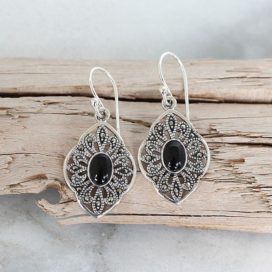 Sterling Silver Marcasite & Oval Black Onyx Hook Drop Dangle Earrings - STERLING SILVER DESIGNS