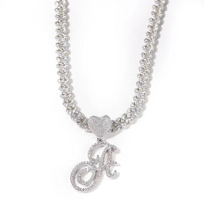 Sandra Heart Initial Tennis Cuban Necklace