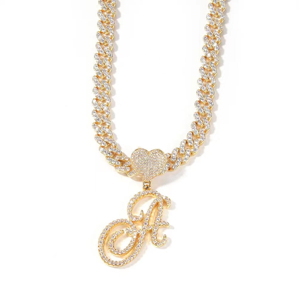 Sandra Heart Initial Tennis Cuban Necklace