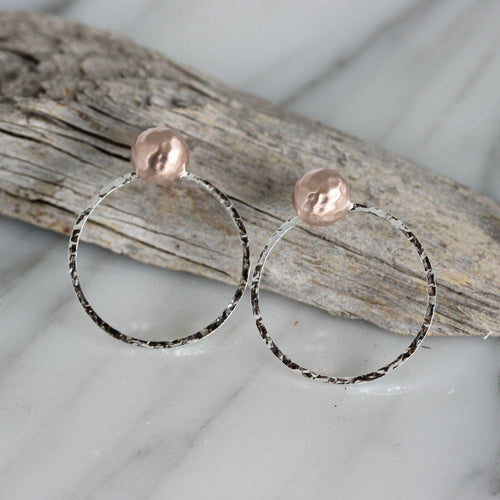 Sterling Silver & Rose Gold Two Tone Hammered Hoop Stud Earrings - STERLING SILVER DESIGNS