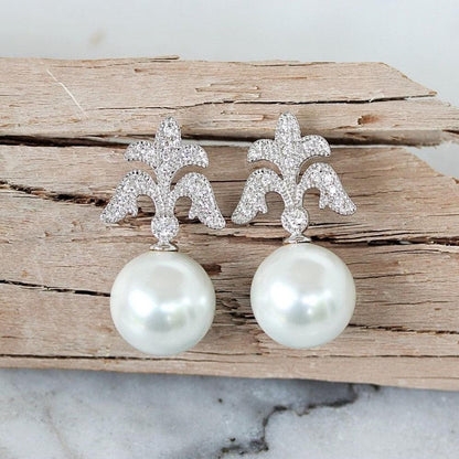 Sterling Silver Vintage Inspired Pearl & CZ Bridal Drop Earrings - STERLING SILVER DESIGNS