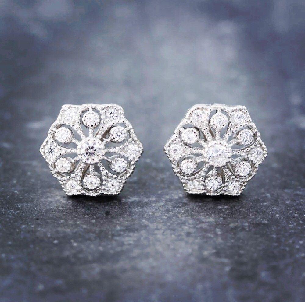 Sterling Silver Bridal Wedding Hexagon Shape Art Deco Style CZ Stud Earrings - STERLING SILVER DESIGNS