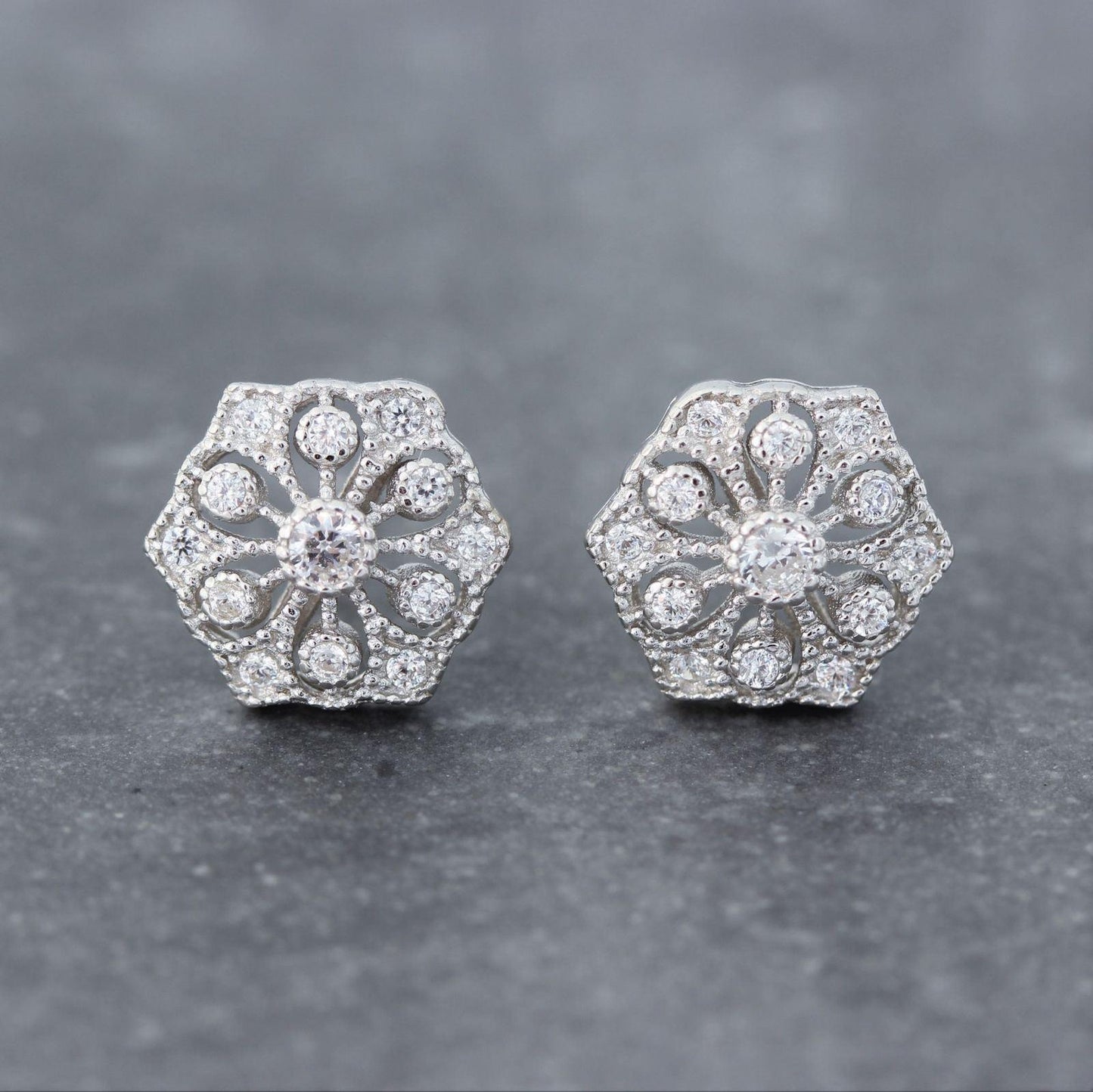 Sterling Silver Bridal Wedding Hexagon Shape Art Deco Style CZ Stud Earrings - STERLING SILVER DESIGNS