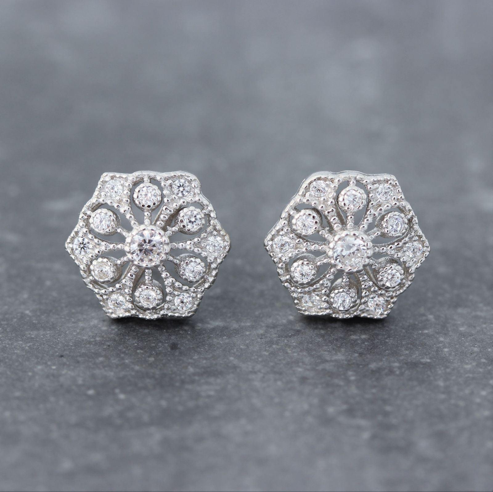 Sterling Silver Bridal Wedding Hexagon Shape Art Deco Style CZ Stud Earrings - STERLING SILVER DESIGNS