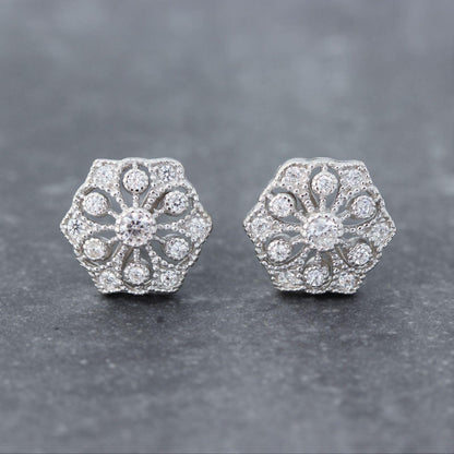 Sterling Silver Bridal Wedding Hexagon Shape Art Deco Style CZ Stud Earrings - STERLING SILVER DESIGNS