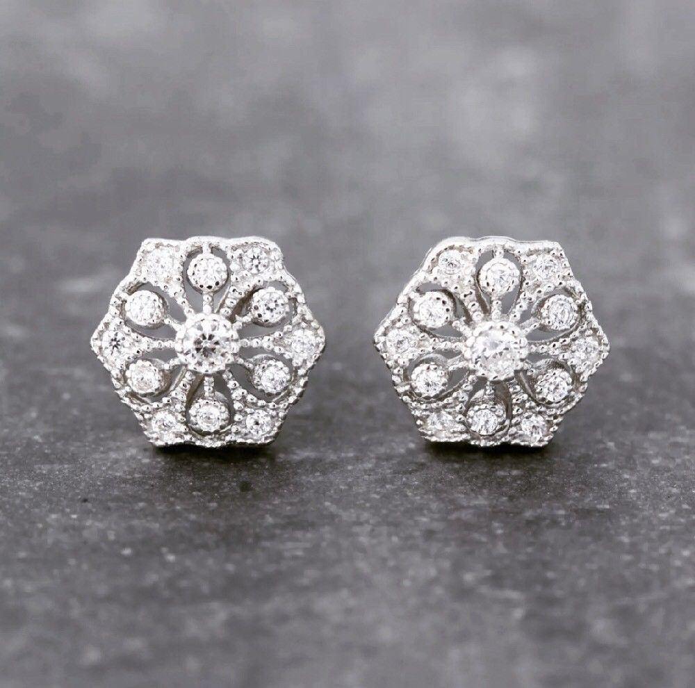 Sterling Silver Bridal Wedding Hexagon Shape Art Deco Style CZ Stud Earrings - STERLING SILVER DESIGNS