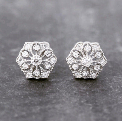 Sterling Silver Bridal Wedding Hexagon Shape Art Deco Style CZ Stud Earrings - STERLING SILVER DESIGNS