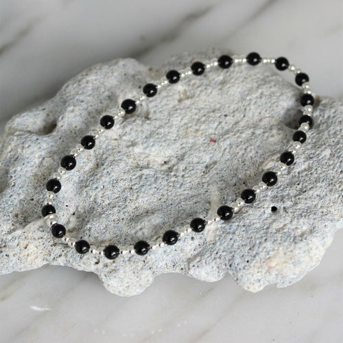 Sterling Silver 2 x 3mm Small Bead Balls & Black Onyx 18cm Stretch Bracelet - STERLING SILVER DESIGNS