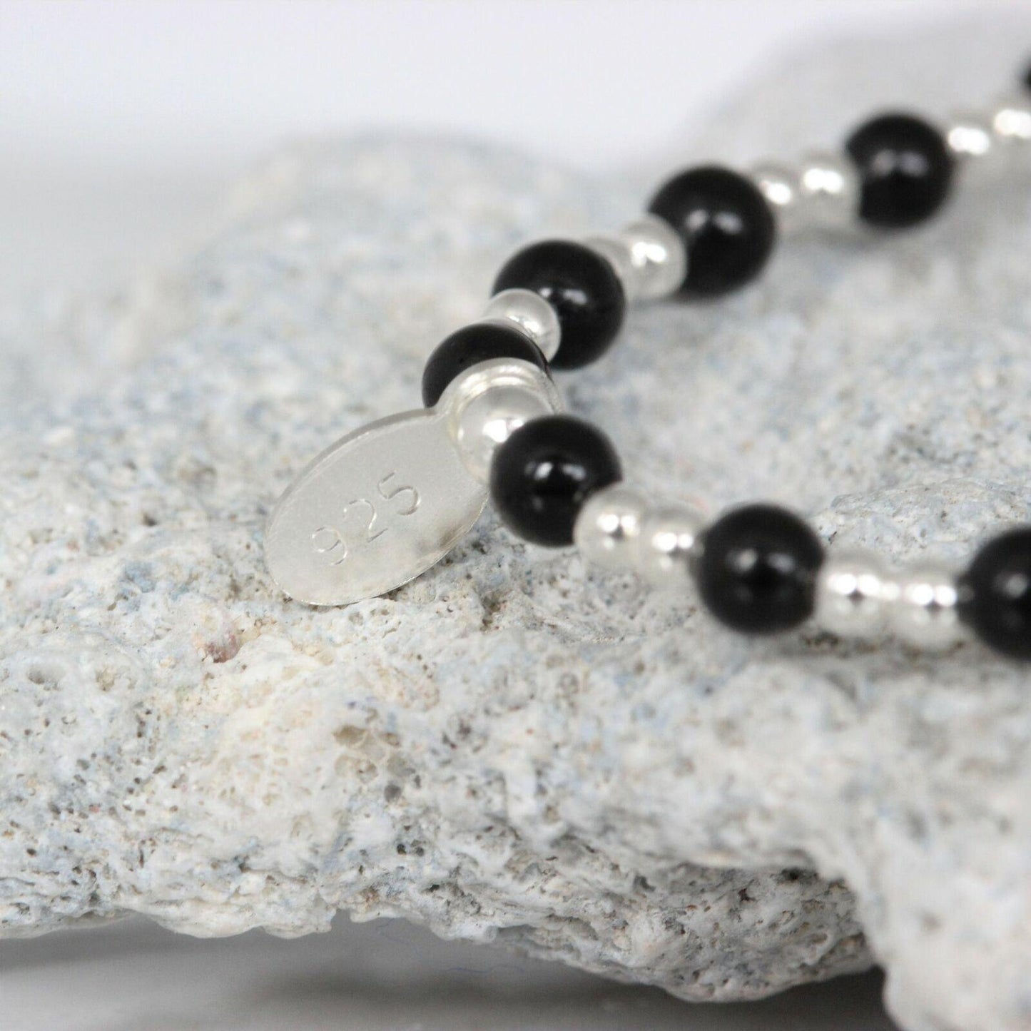 Sterling Silver 2 x 3mm Small Bead Balls & Black Onyx 18cm Stretch Bracelet - STERLING SILVER DESIGNS