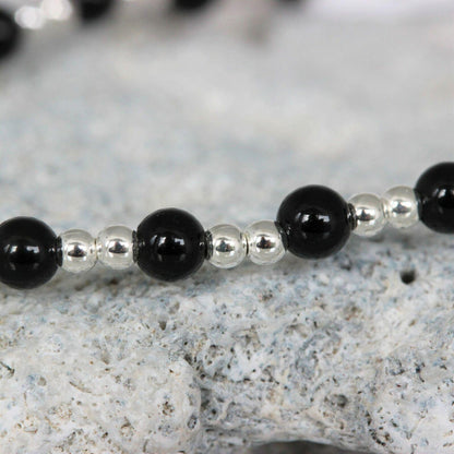 Sterling Silver 2 x 3mm Small Bead Balls & Black Onyx 18cm Stretch Bracelet - STERLING SILVER DESIGNS