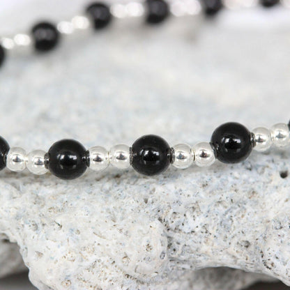 Sterling Silver 2 x 3mm Small Bead Balls & Black Onyx 18cm Stretch Bracelet - STERLING SILVER DESIGNS