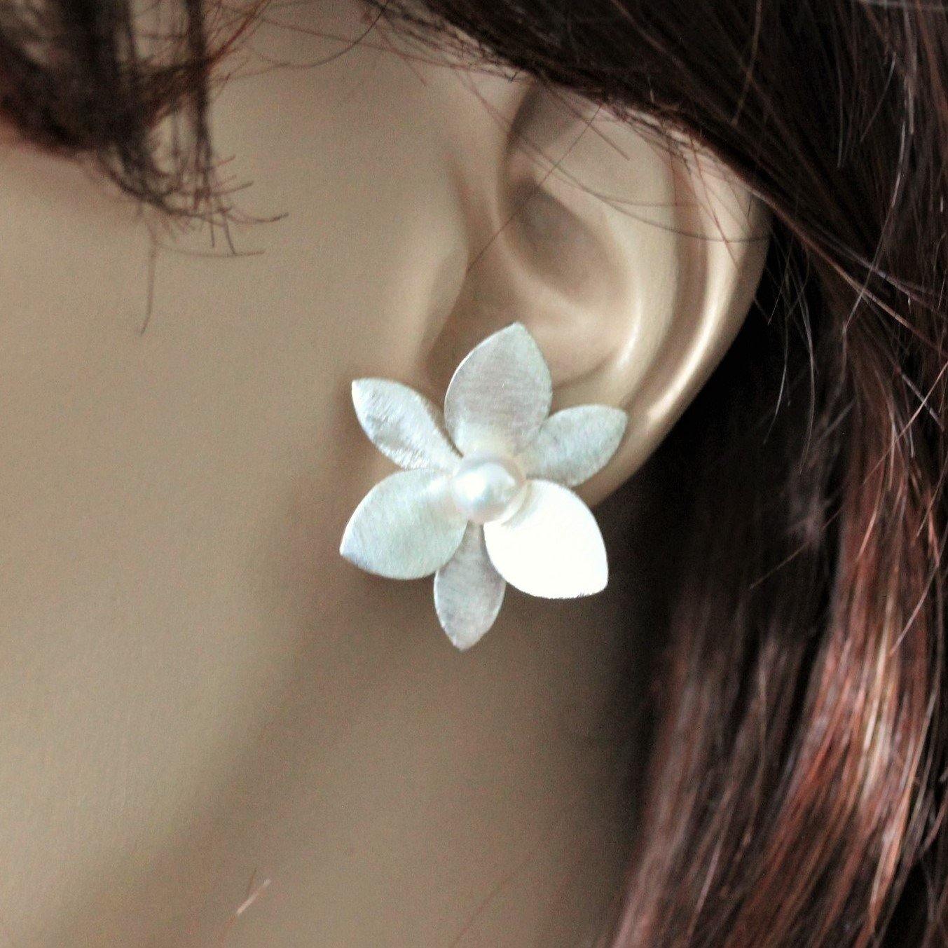 Sterling Silver Big 25mm Pearl Flower Brushed Matt Finish Earrings - STERLING SILVER DESIGNS