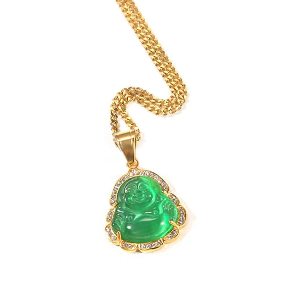 Gold Chain Jade Buddha Zircon Necklace