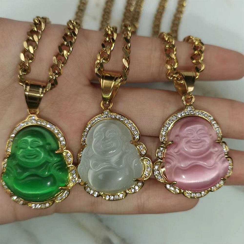 Gold Chain Jade Buddha Zircon Necklace