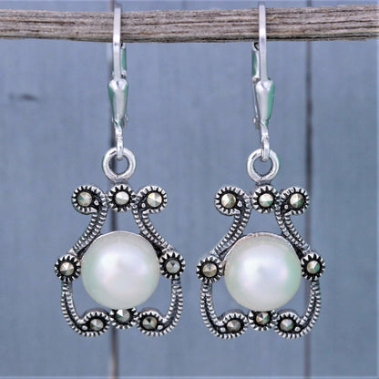 Sterling Silver Marcasite & 8mm Fresh Water Pearl Leverback Drop Earring - STERLING SILVER DESIGNS