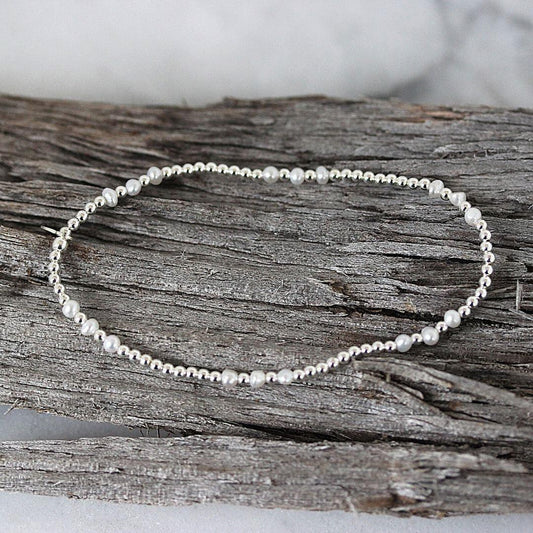 Sterling Silver 2 x 3mm Small Bead Balls & Pearl 18cm Stretch Bracelet - STERLING SILVER DESIGNS