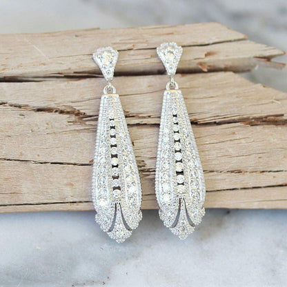 Sterling Silver Art Deco Inspired CZ Bridal Wedding Drop Earrings - STERLING SILVER DESIGNS