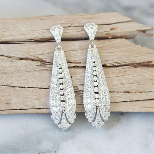 Sterling Silver Art Deco Inspired CZ Bridal Wedding Drop Earrings - STERLING SILVER DESIGNS