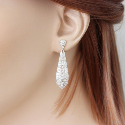 Sterling Silver Art Deco Inspired CZ Bridal Wedding Drop Earrings - STERLING SILVER DESIGNS