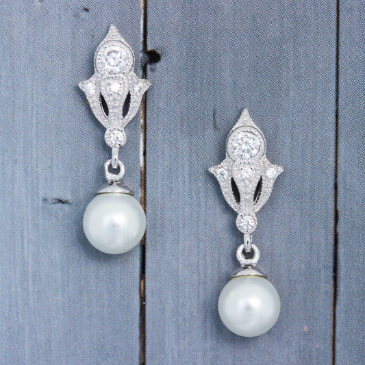 Sterling Silver Art Deco Style Bridal Wedding Pearl & CZ Drop Earrings - STERLING SILVER DESIGNS