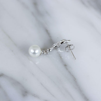 Sterling Silver Art Deco Style Bridal Wedding Pearl & CZ Drop Earrings - STERLING SILVER DESIGNS