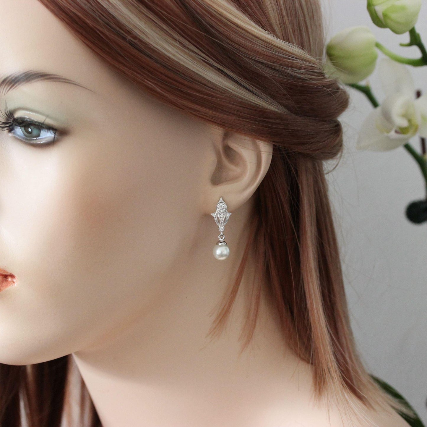 Sterling Silver Art Deco Style Bridal Wedding Pearl & CZ Drop Earrings - STERLING SILVER DESIGNS