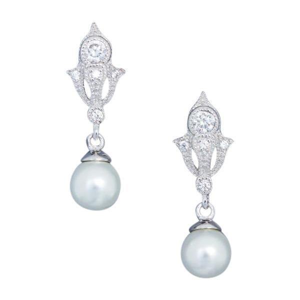 Sterling Silver Art Deco Style Bridal Wedding Pearl & CZ Drop Earrings - STERLING SILVER DESIGNS