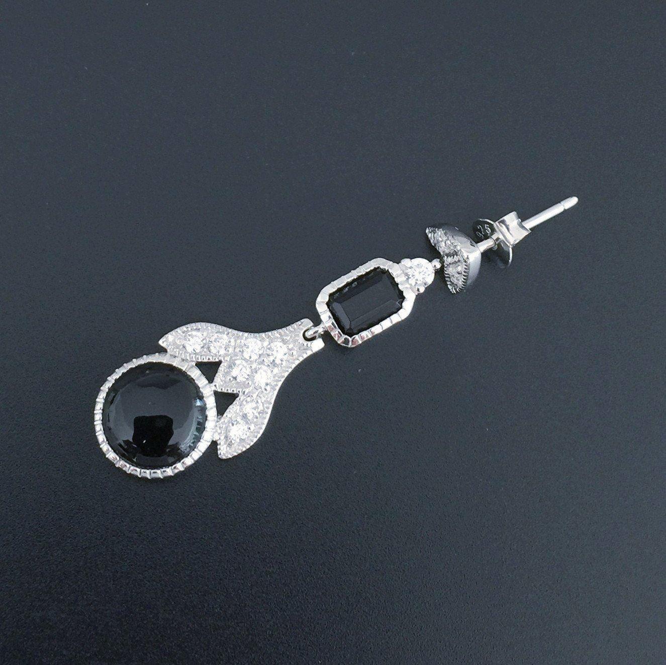 Sterling Silver Art Deco Style Black Onyx & CZ Drop Earrings - STERLING SILVER DESIGNS