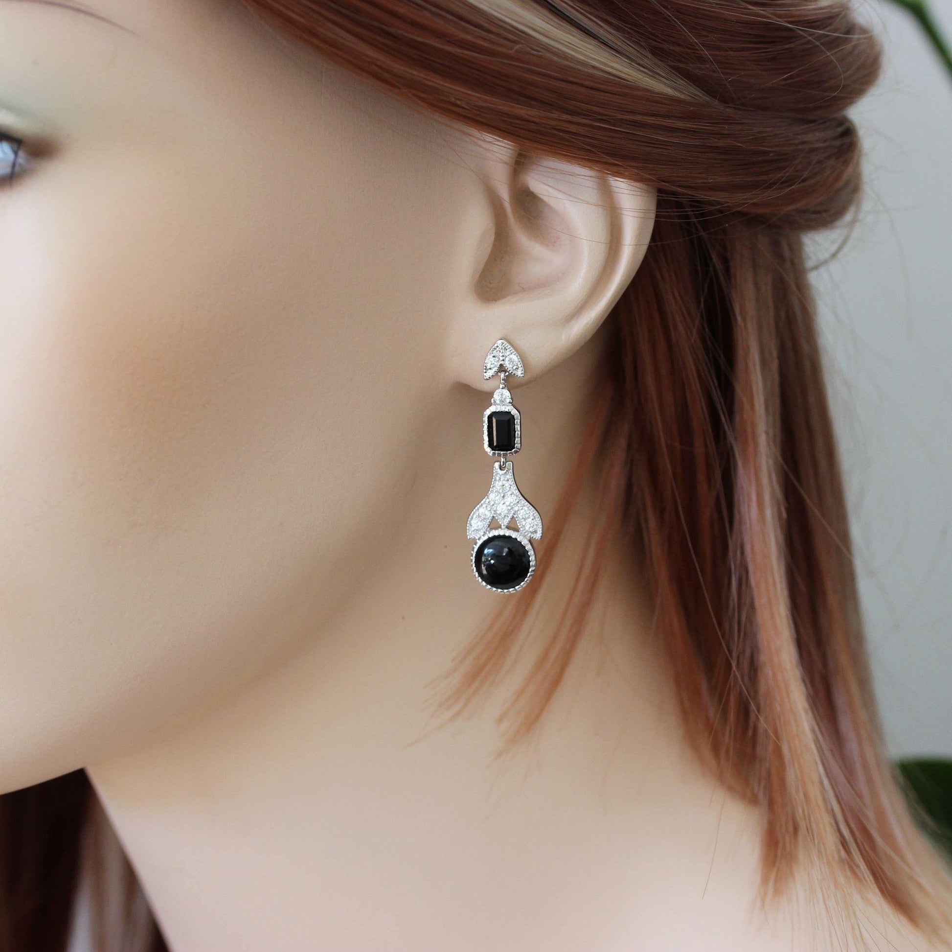 Sterling Silver Art Deco Style Black Onyx & CZ Drop Earrings - STERLING SILVER DESIGNS