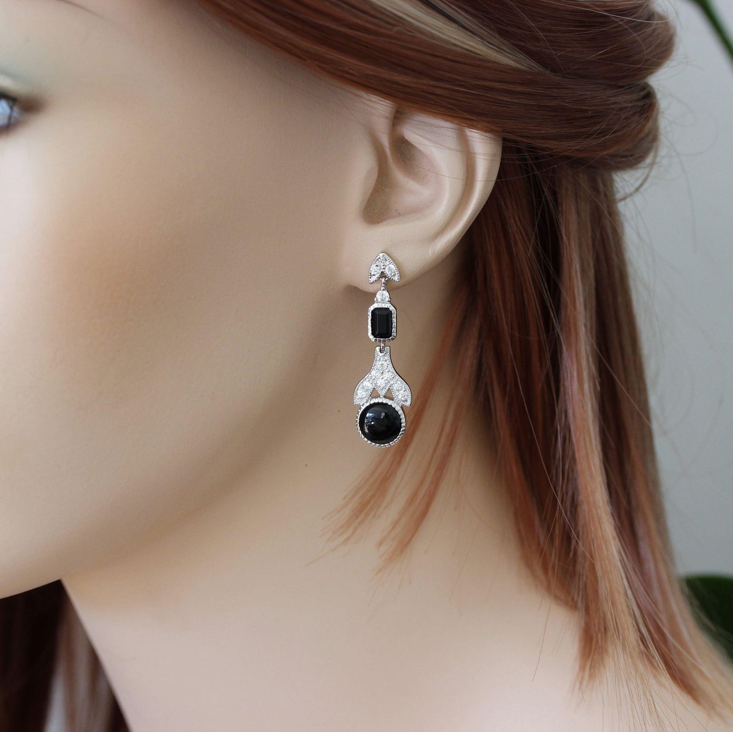 Sterling Silver Art Deco Style Black Onyx & CZ Drop Earrings - STERLING SILVER DESIGNS