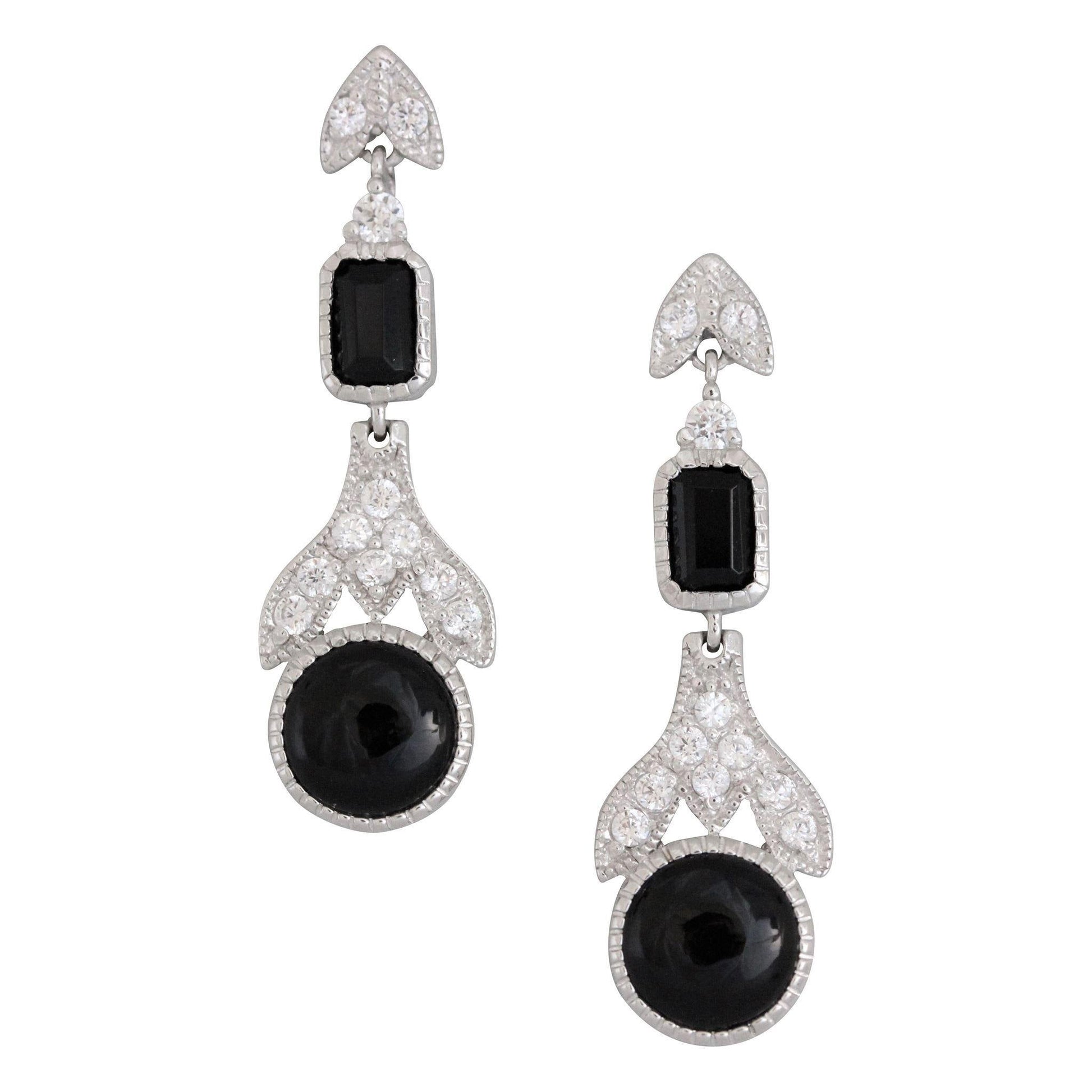 Sterling Silver Art Deco Style Black Onyx & CZ Drop Earrings - STERLING SILVER DESIGNS