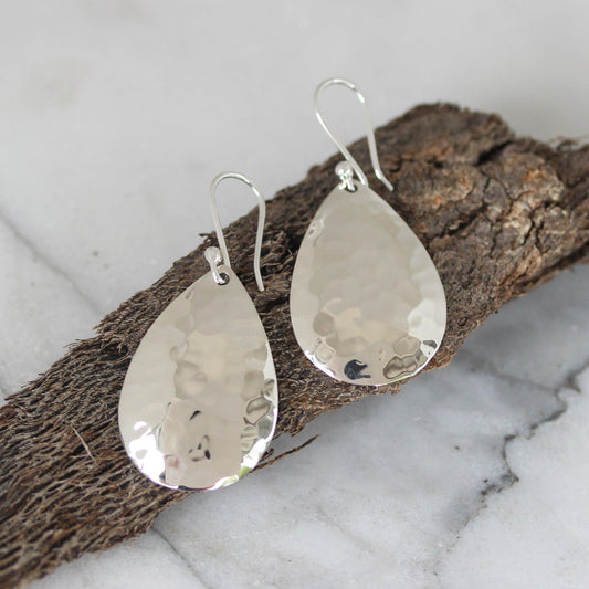 Sterling Silver Hammered Beaten Teardrop Hook Drop Earrings - STERLING SILVER DESIGNS