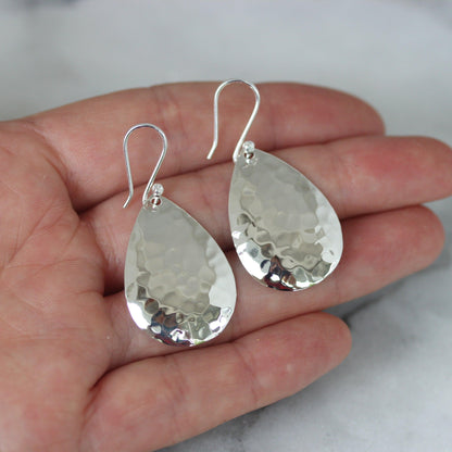 Sterling Silver Hammered Beaten Teardrop Hook Drop Earrings - STERLING SILVER DESIGNS