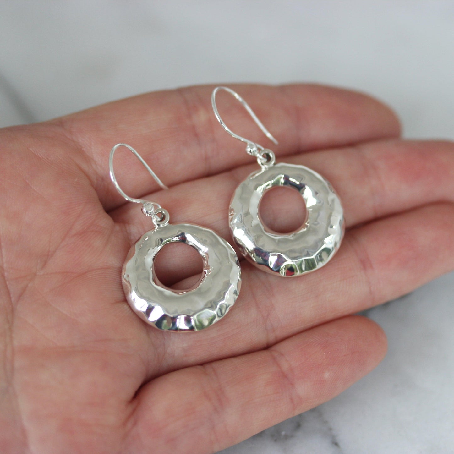 Sterling Silver Hammered Beaten Cut Out Circle Drop Dangle Earrings - STERLING SILVER DESIGNS