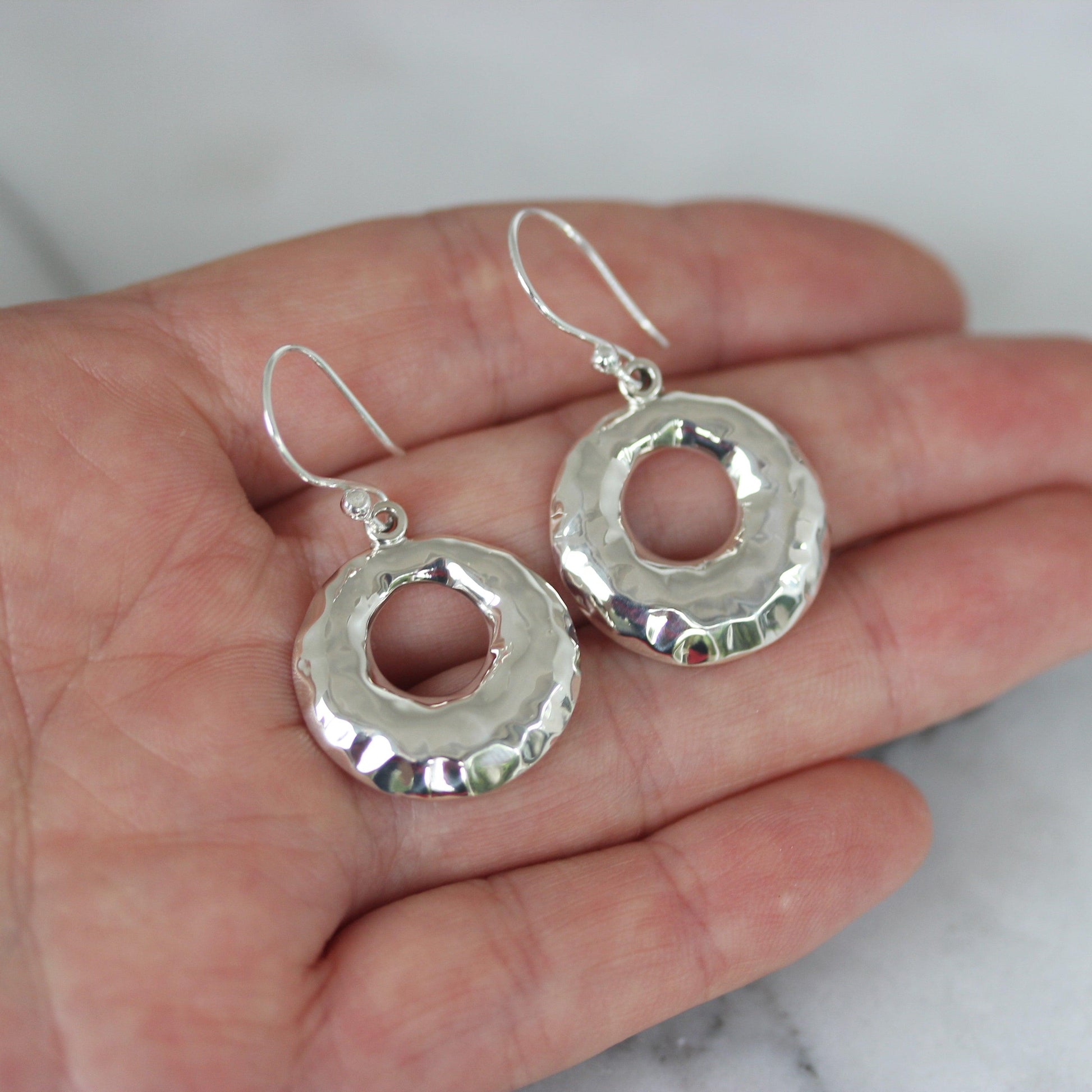 Sterling Silver Hammered Beaten Cut Out Circle Drop Dangle Earrings - STERLING SILVER DESIGNS