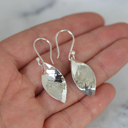 Sterling Silver Hammered Twisted Concave Marquise Shape Hook Drop Earrings - STERLING SILVER DESIGNS