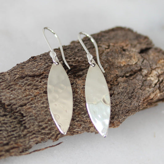 Sterling Silver Hammered Beaten Marquise Shape Hook Drop Earrings - STERLING SILVER DESIGNS