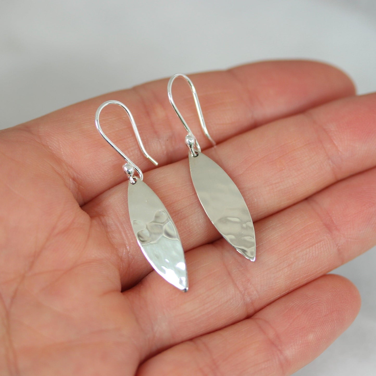 Sterling Silver Hammered Beaten Marquise Shape Hook Drop Earrings - STERLING SILVER DESIGNS