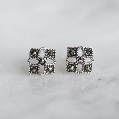 Sterling Silver Art Deco Style Marcasite 8mm Square Stud Earrings - STERLING SILVER DESIGNS