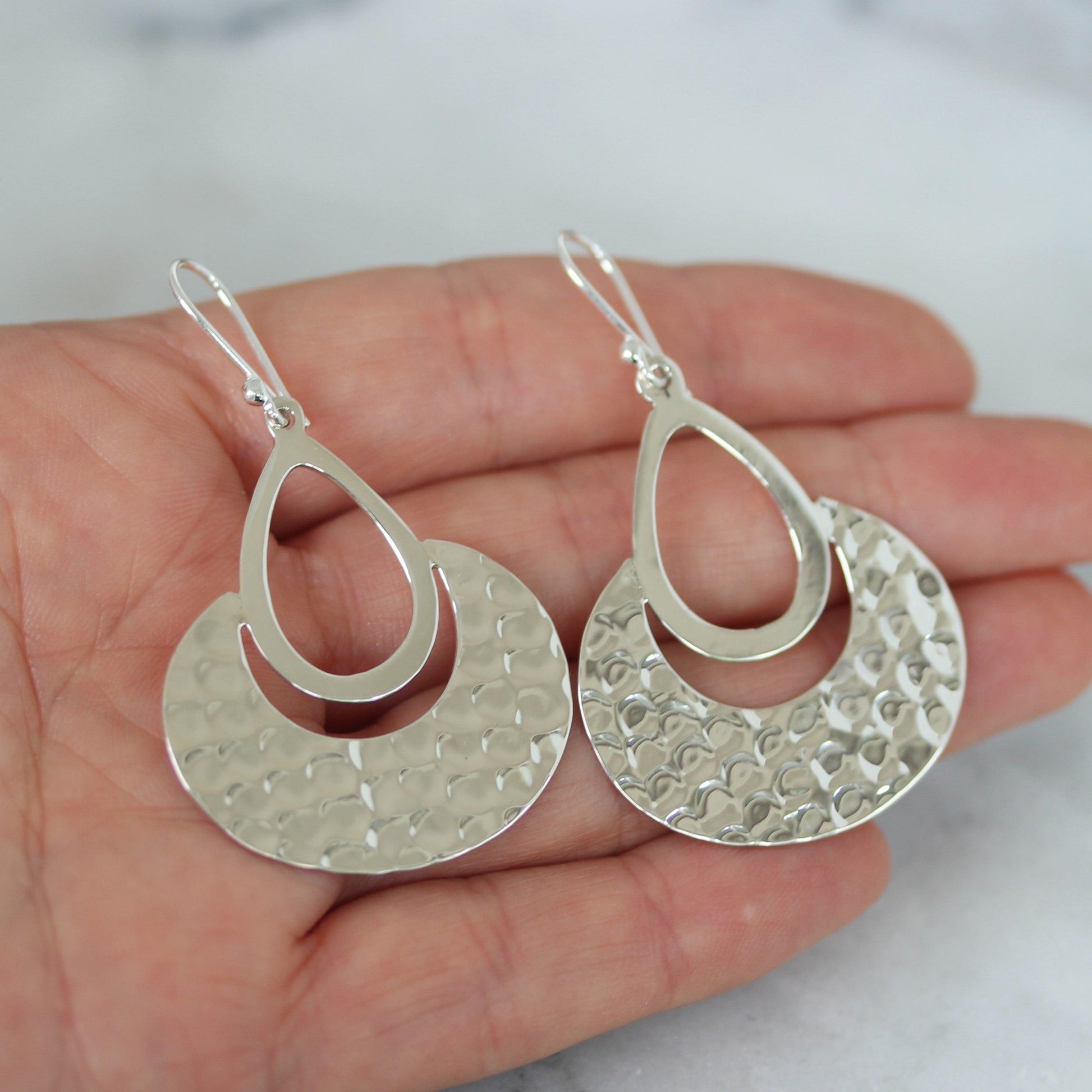 Sterling Silver Big Teardrop Crescent Moon Hammered Hook Drop Earrings - STERLING SILVER DESIGNS