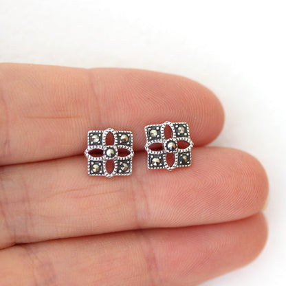 Sterling Silver Art Deco Style Marcasite 8mm Square Stud Earrings - STERLING SILVER DESIGNS