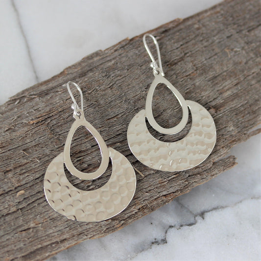 Sterling Silver Big Teardrop Crescent Moon Hammered Hook Drop Earrings - STERLING SILVER DESIGNS