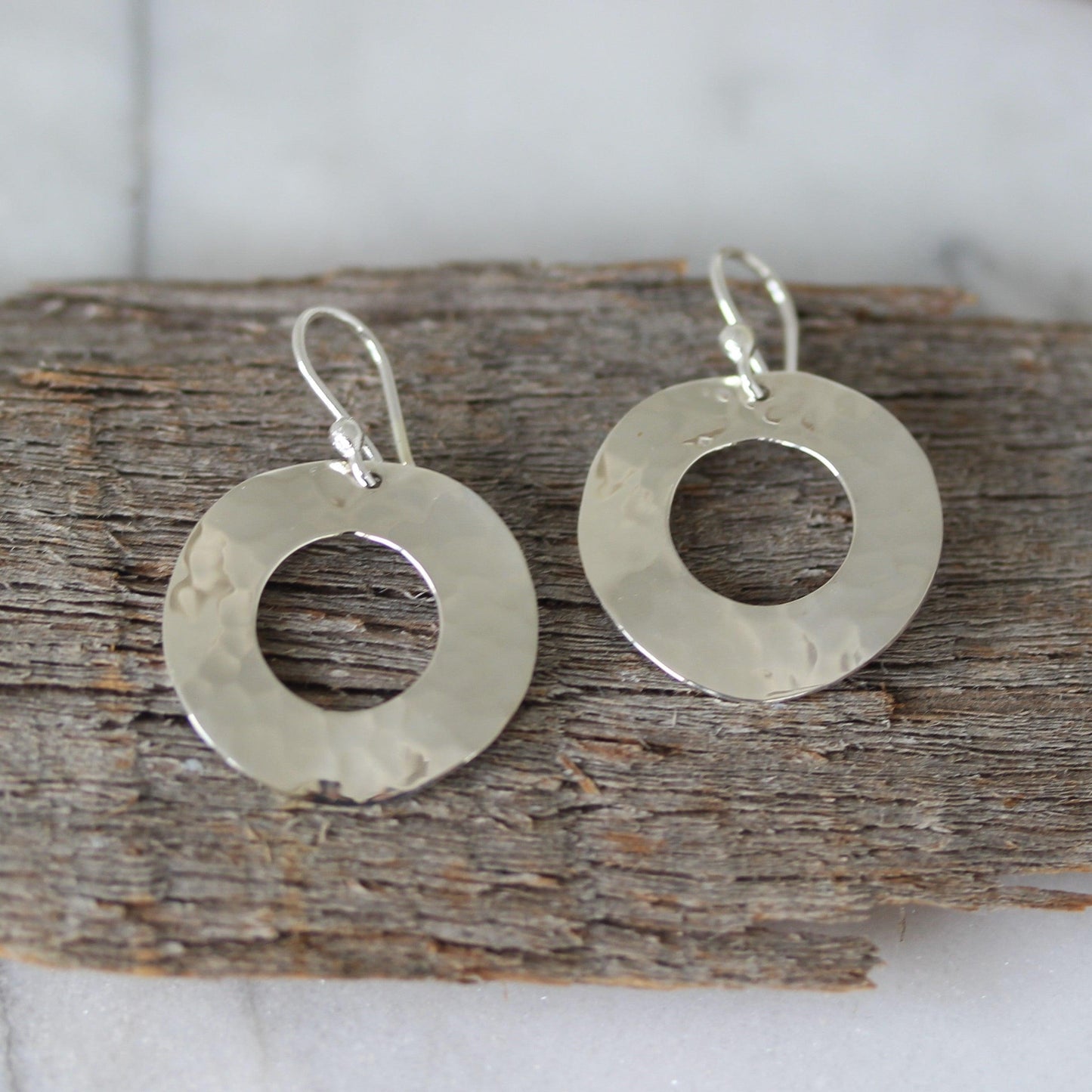 Sterling Silver Hammered Concave 26mm Round Drop Earrings - STERLING SILVER DESIGNS