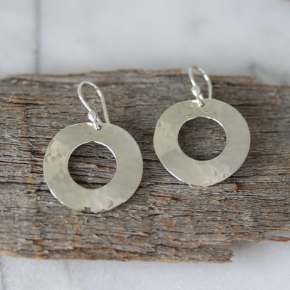 Sterling Silver Hammered Concave 26mm Round Drop Earrings - STERLING SILVER DESIGNS