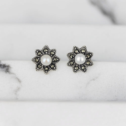 Sterling Silver Marcasite & Fresh Water Pearl 10mm Stud Earrings - STERLING SILVER DESIGNS