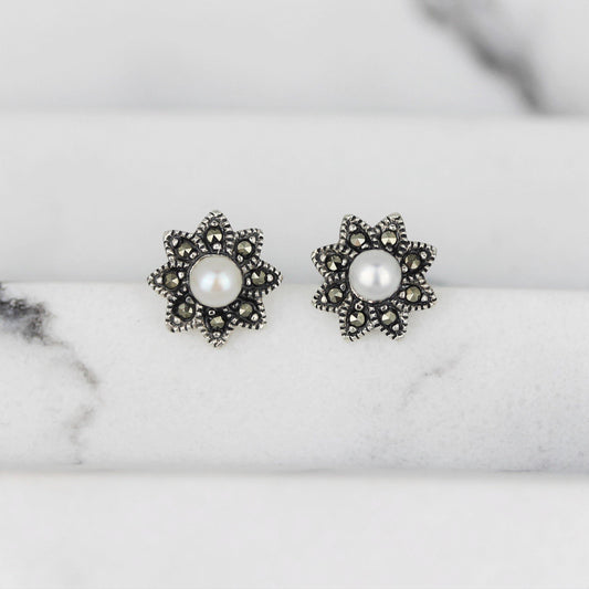 Sterling Silver Marcasite & Fresh Water Pearl 10mm Stud Earrings - STERLING SILVER DESIGNS