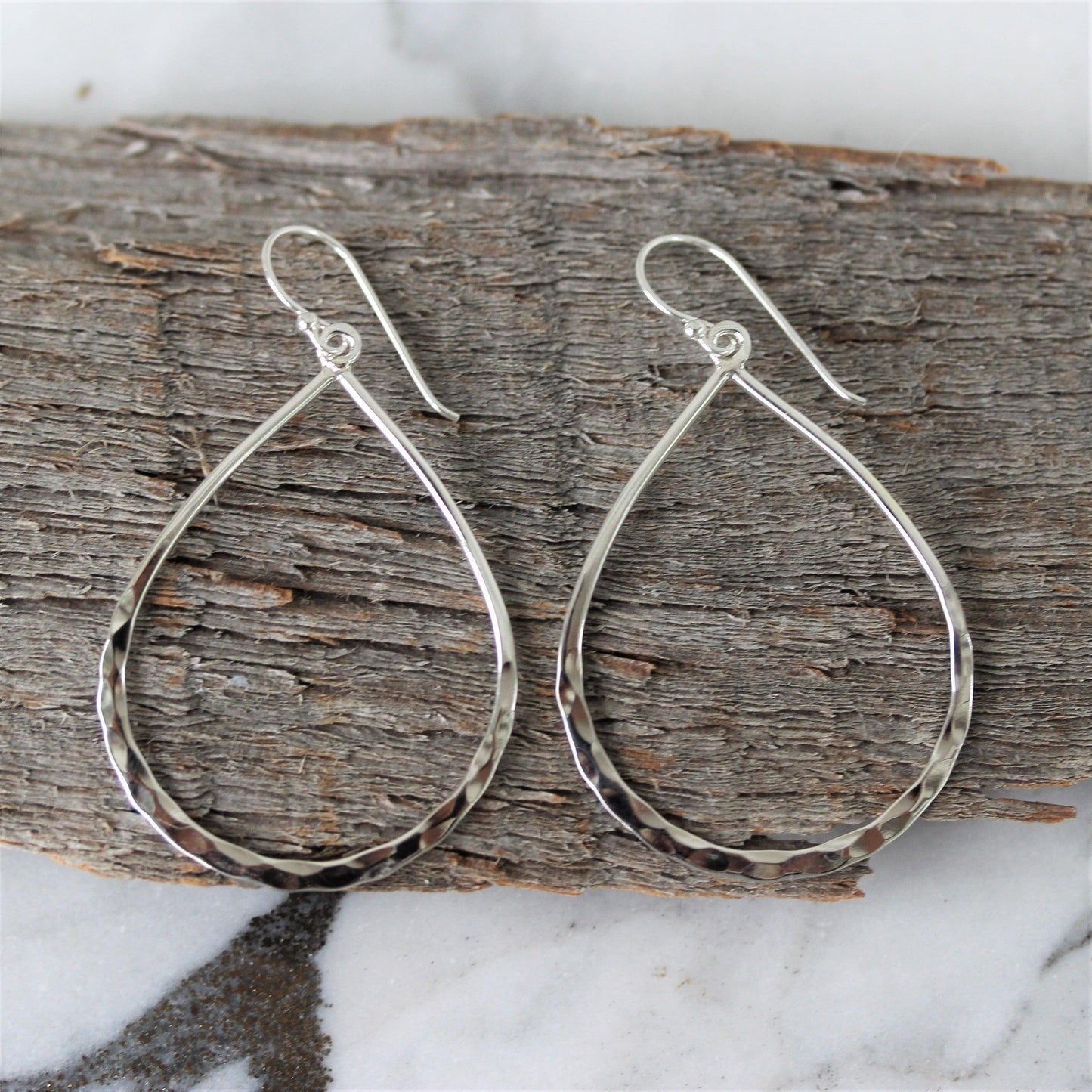 Sterling Silver Big Open Teardrop Hammered Beaten Hook Drop Earrings - STERLING SILVER DESIGNS