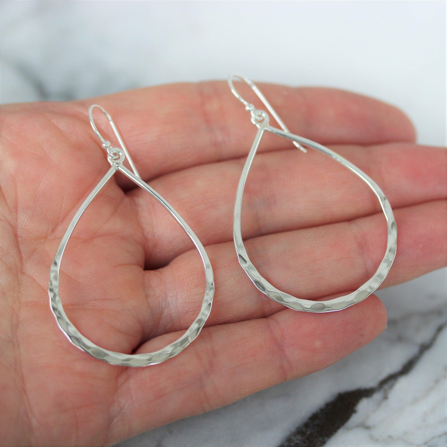 Sterling Silver Big Open Teardrop Hammered Beaten Hook Drop Earrings - STERLING SILVER DESIGNS