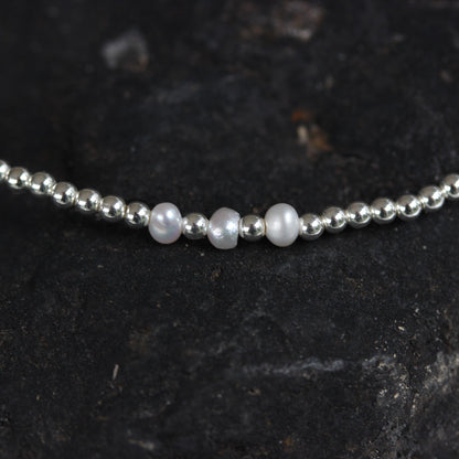 Sterling Silver 2 x 3mm Small Bead Balls & Pearl 18cm Stretch Bracelet - STERLING SILVER DESIGNS