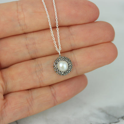 Sterling Silver Marcasite & Fresh Water Pearl Halo Pendant Necklace - STERLING SILVER DESIGNS